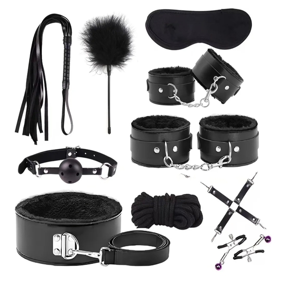 10 Part Black Beginners Sampler Bondage Set With Plush Lining For Confort (OS) - Picture 1 of 9